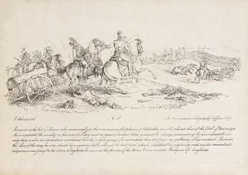 Der Earl of Uxbridge führt einen Kavallerieangriff in der Schlacht von Waterloo an, sein rechtes Bein wurde gerade von einer Kanonenkugel getroffen, Lithographie von R. Ackermann, 1815